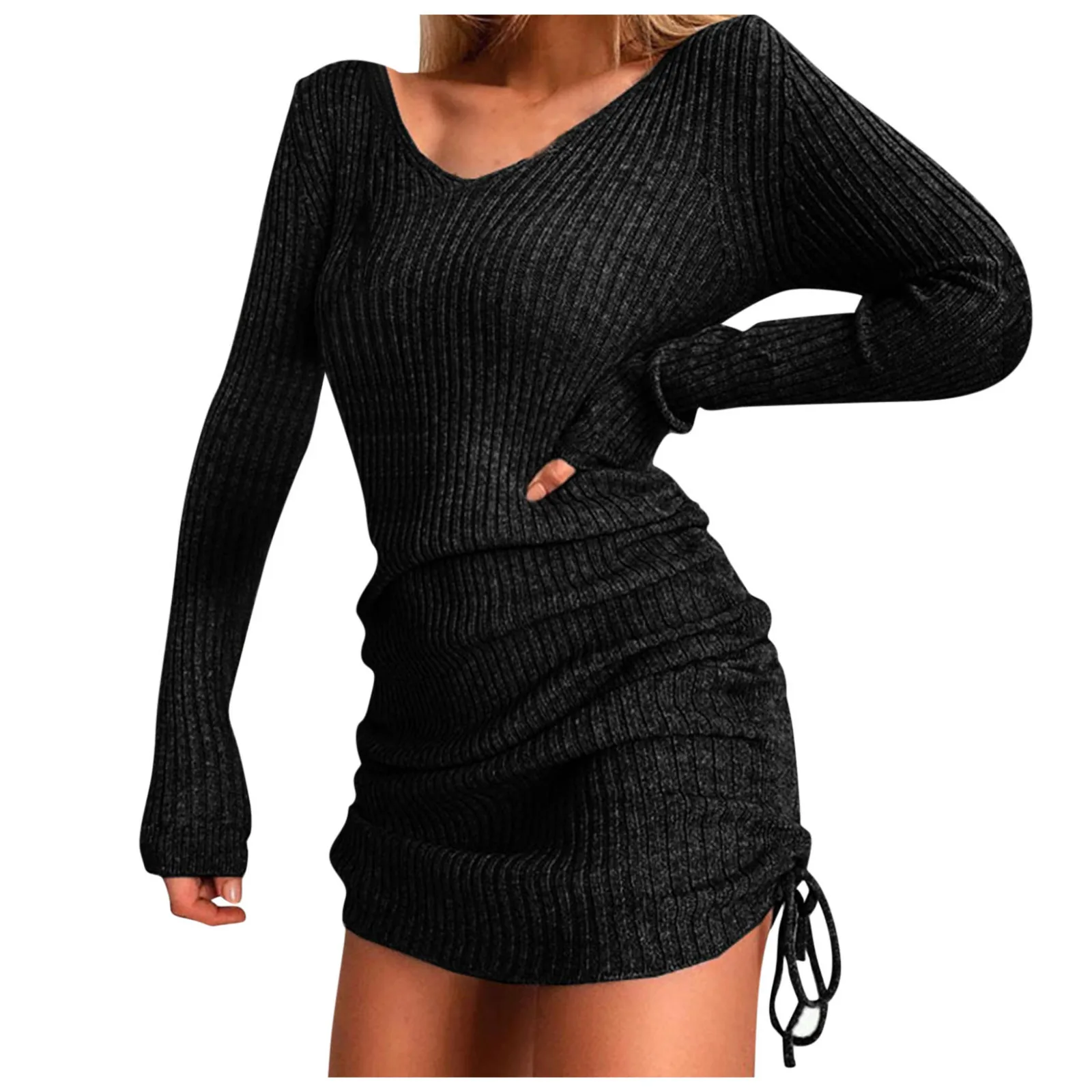 Elegant Autumn Solid Knit Sweater Dresses for Women Winter Long Sleeve Ribbed Drawstring Mini Dress Casual Slim Bottoming Dress