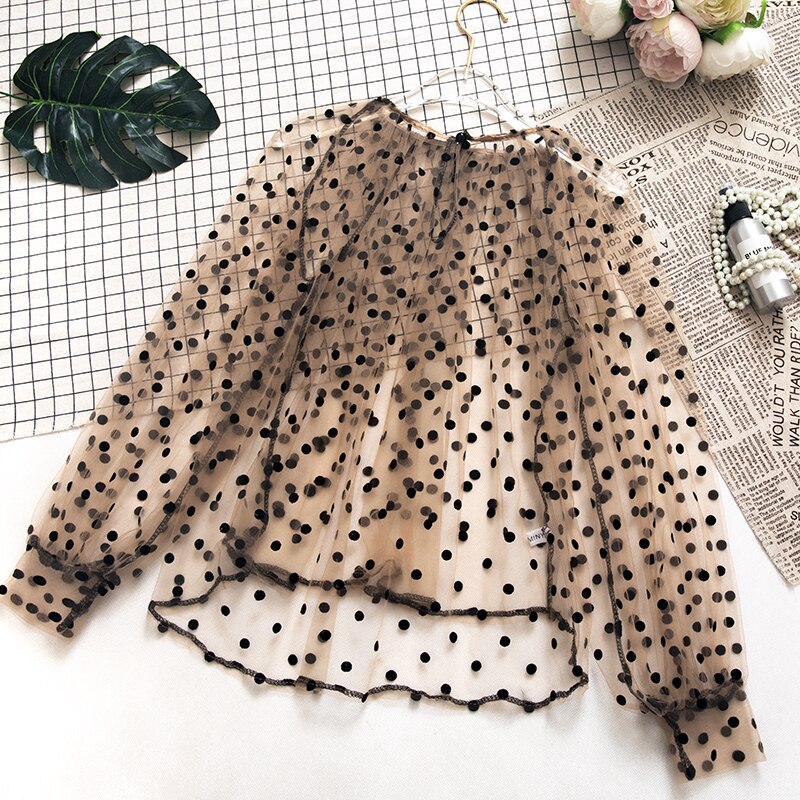 HISUMA Women O-neck Lantern Sleeve Pullover Embroidery Polka Dot Voile Basic Shirt New Elegant Lady Mesh Gauze Tulle Blouse Tops