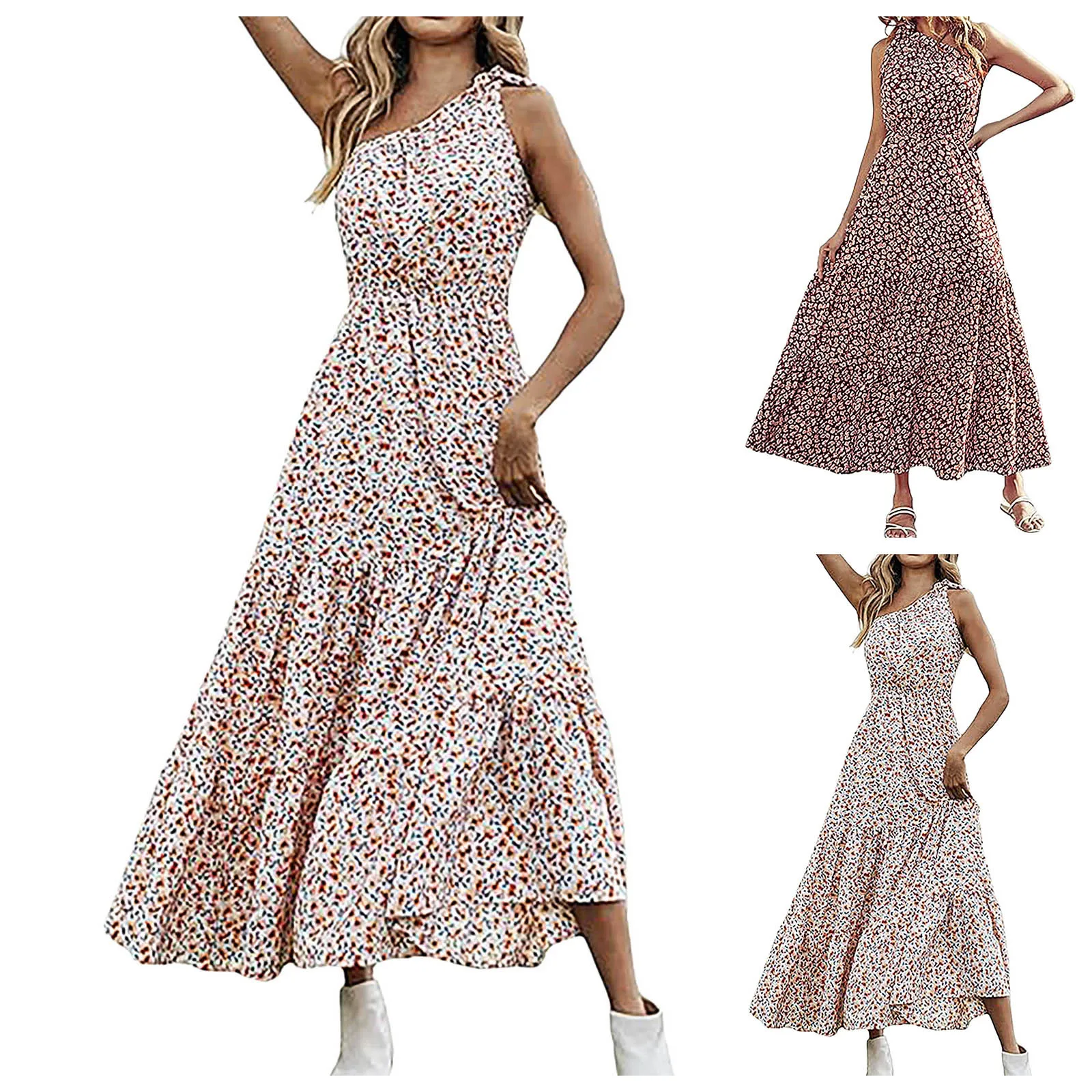 Women Bohemian Floral Dress Sexy One Shoulder Beach Holiday Lace Up Maxi Dresses Summer A Line Ruffles Tunic Dress Ropa De Mujer