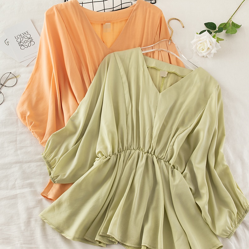 2020 Women Summer V-neck Half Lantern Sleeve Basic Ruffles Shirt Elegant Lady Elastic Slim Pleated Pullover Chiffon Blouse Tops