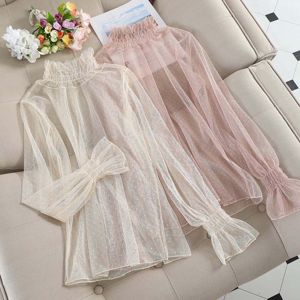 Autumn Women Flare Sleeve Embroidery Polka Dot Lace Basic Ruffles Shirt Lady Elastic Slim Mesh Gauze Pullover Chic Blouse Tops