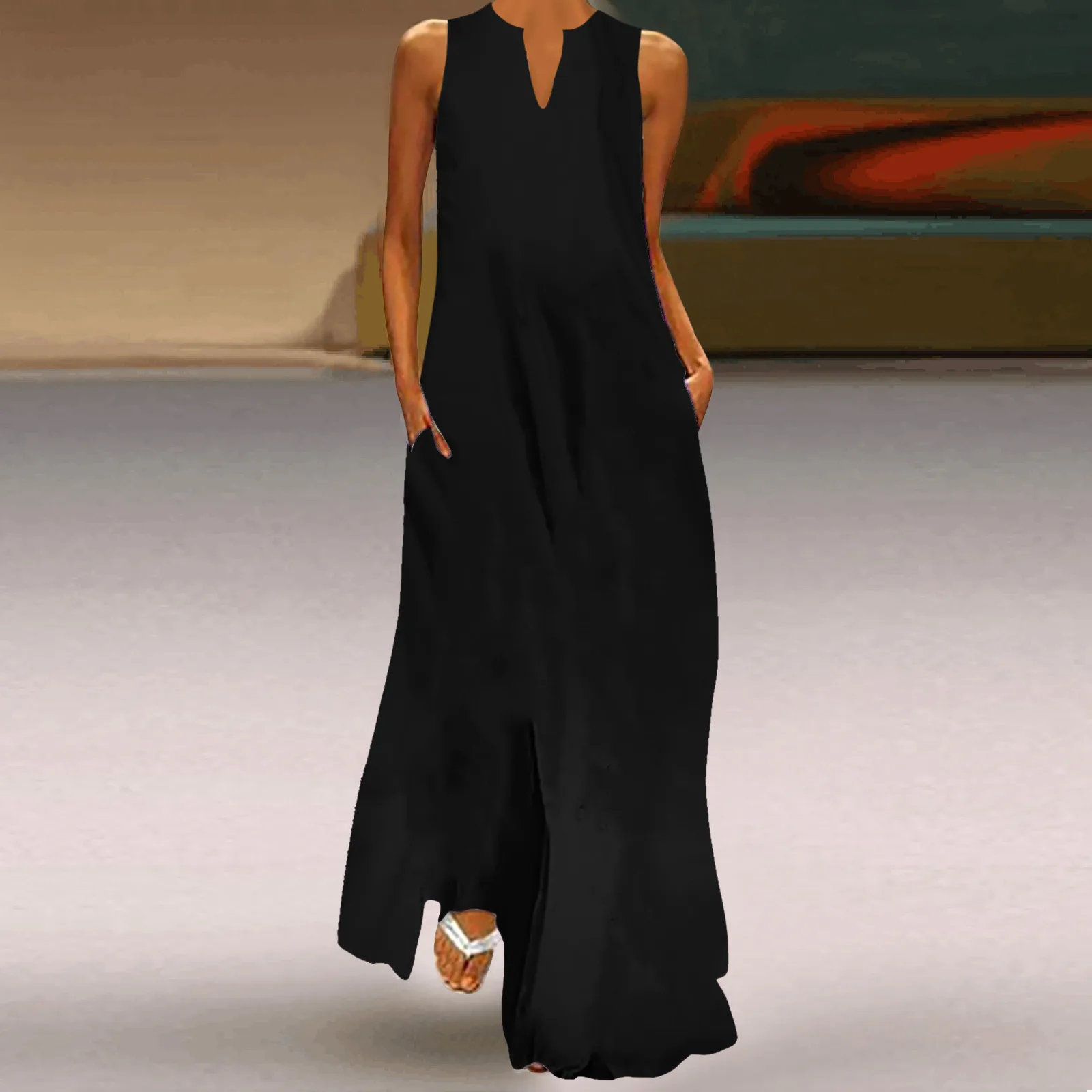 Elegant Beach Long Dress For Women Summer Sleeveless V Neck Maxi Dress Summer Casual Swing T-Shirt Dresses For Ladies 2024