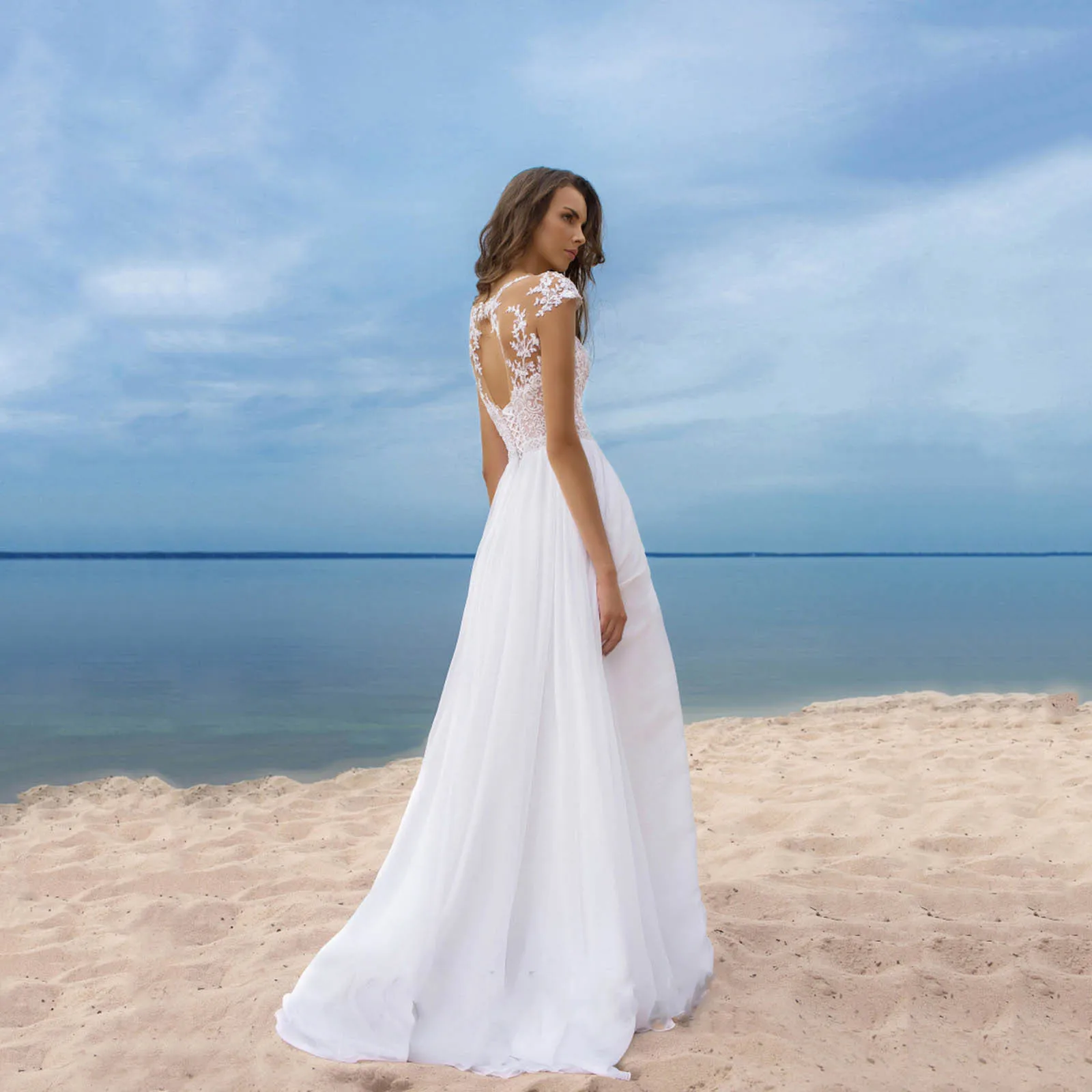 2023 Women’s Elegant Lace Backless Maxi Evening Dress Solid Color V Neck High Waist Wedding Party Sexy Bridesmaids White Dresses