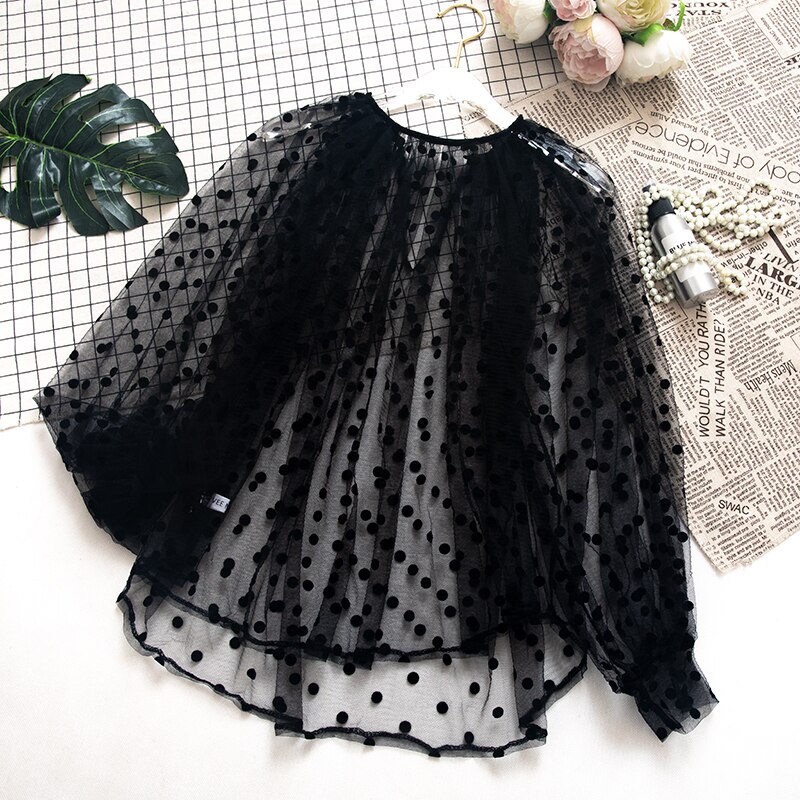 HISUMA Women O-neck Lantern Sleeve Pullover Embroidery Polka Dot Voile Basic Shirt New Elegant Lady Mesh Gauze Tulle Blouse Tops