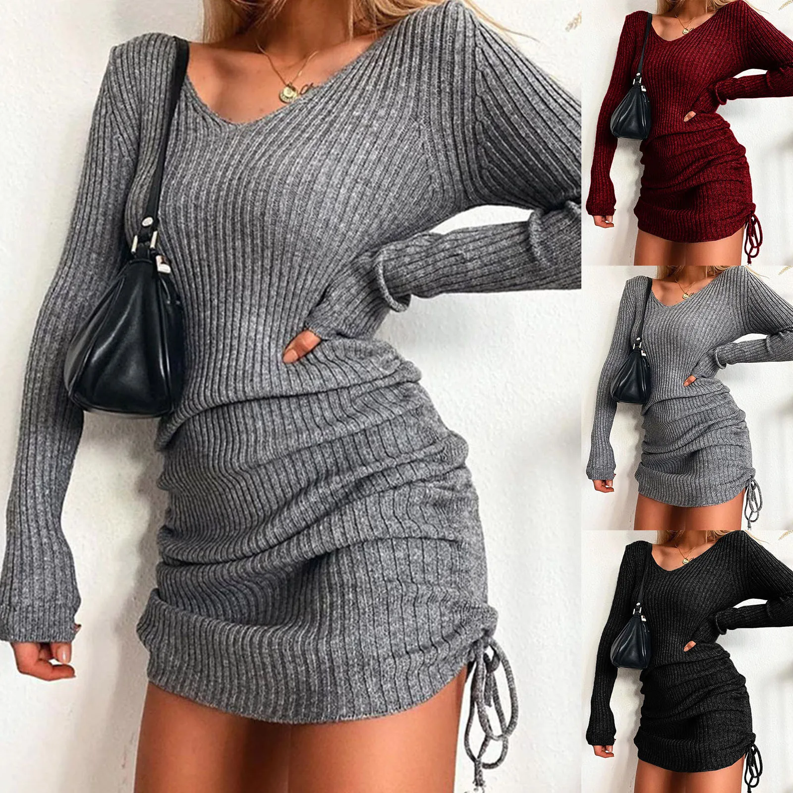 Elegant Autumn Solid Knit Sweater Dresses for Women Winter Long Sleeve Ribbed Drawstring Mini Dress Casual Slim Bottoming Dress