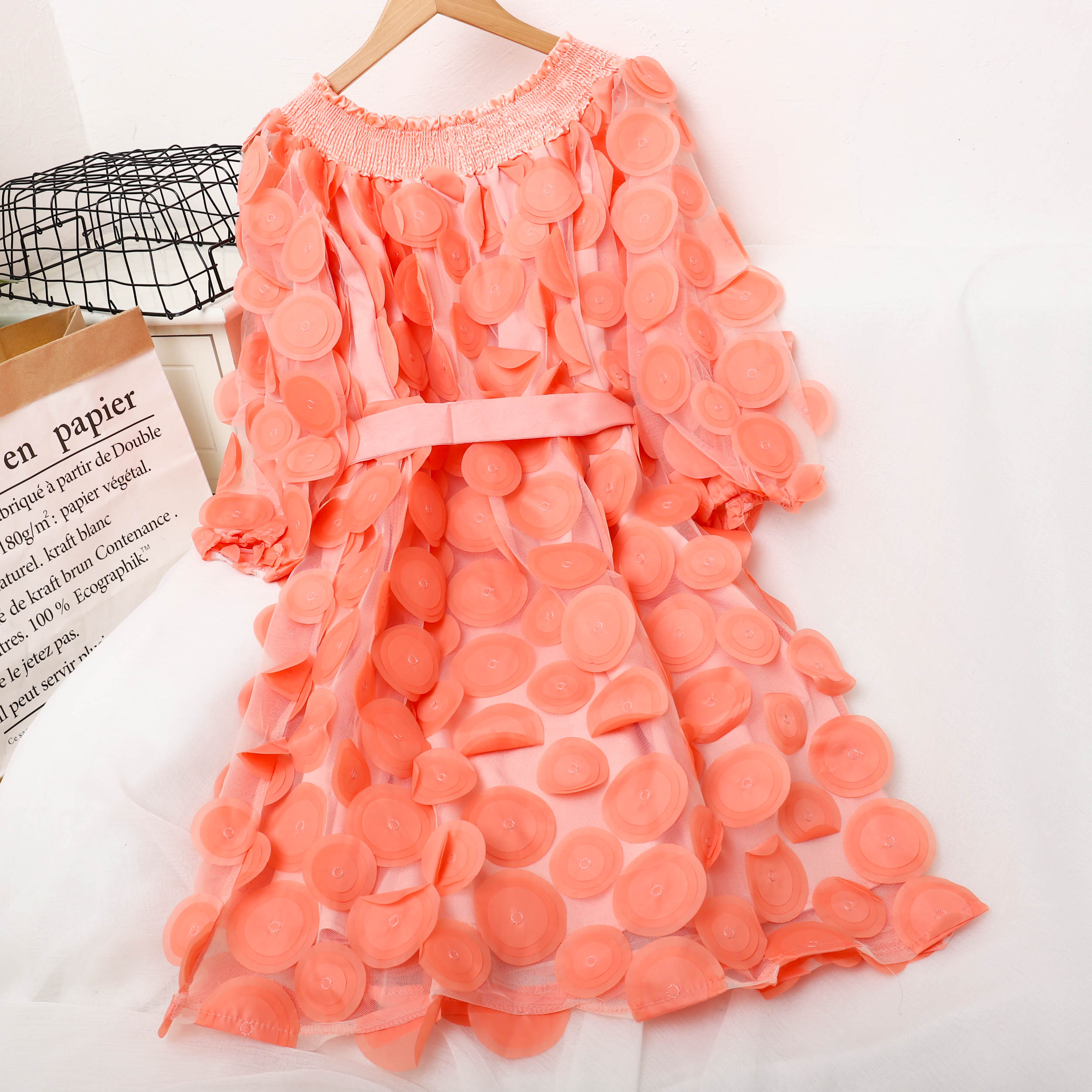 2023 Women Summer Slash Neck Puff Sleeve 3D Petals Flower Mesh Gauze Dress Lady Bandage Strap Elastic Ruffles Chiffon Chic Dress