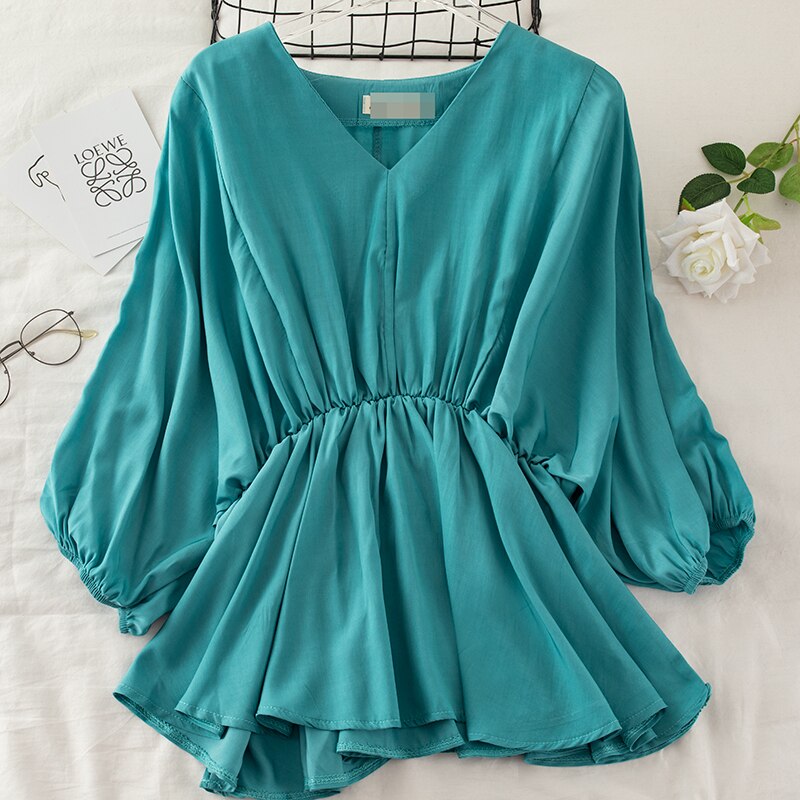 2020 Women Summer V-neck Half Lantern Sleeve Basic Ruffles Shirt Elegant Lady Elastic Slim Pleated Pullover Chiffon Blouse Tops
