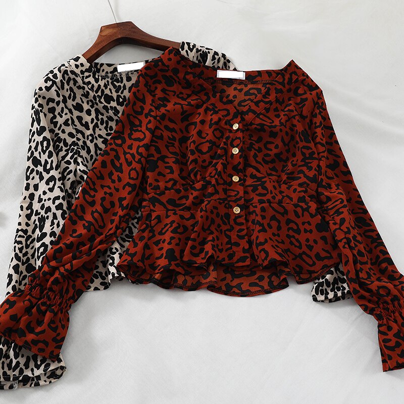 HISUMA 2021 Spring Autumn Flare Sleeve V-Neck Women Leopard Basic Ruffles Shirt Lady Short Slim Cardigan Button Chic Blouse Tops