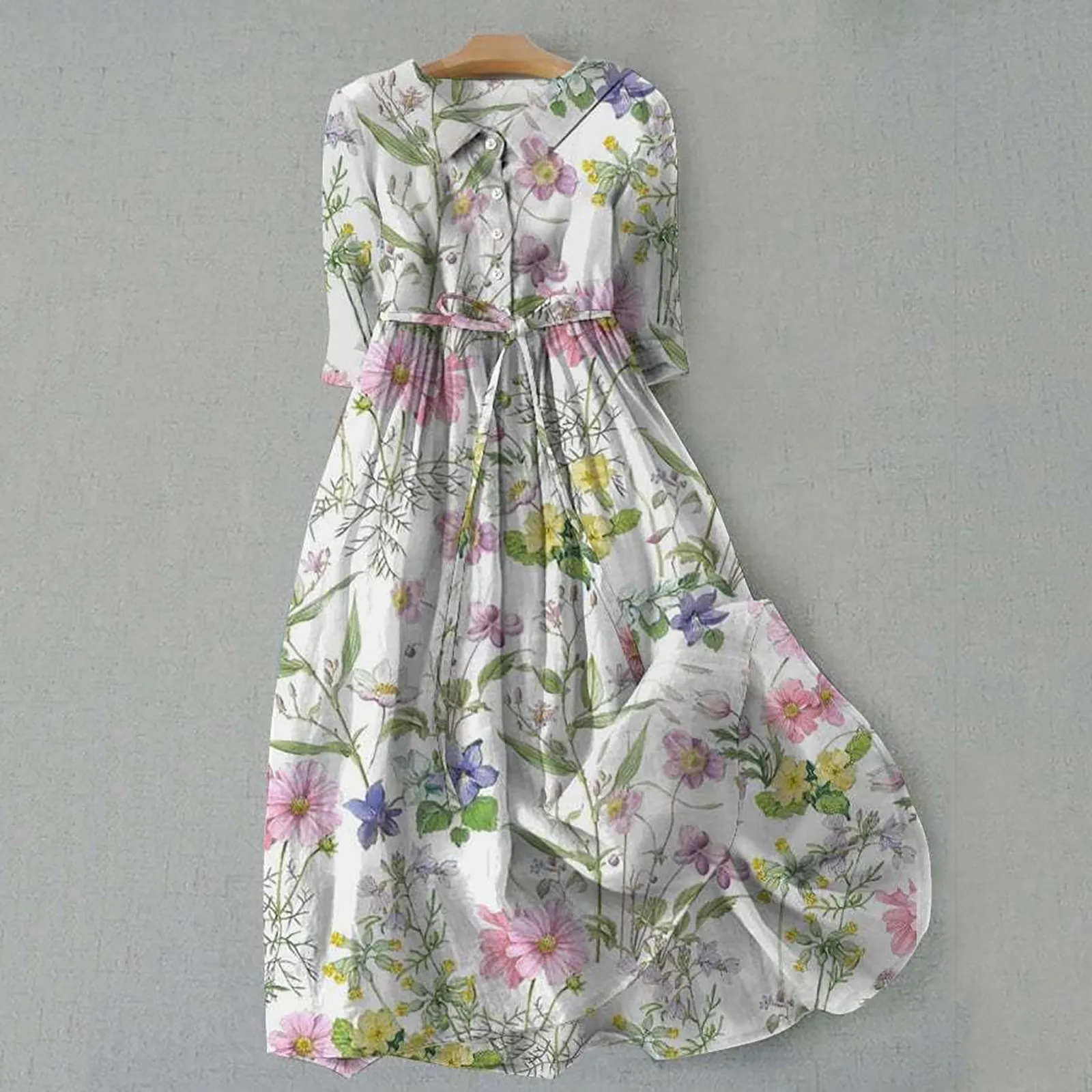 Women Korean Style Dresses Lace Up Waist Defined Shirt Midi Dress Summer Half Sleeve Trendy A Line Dress Seaside Daily Wear