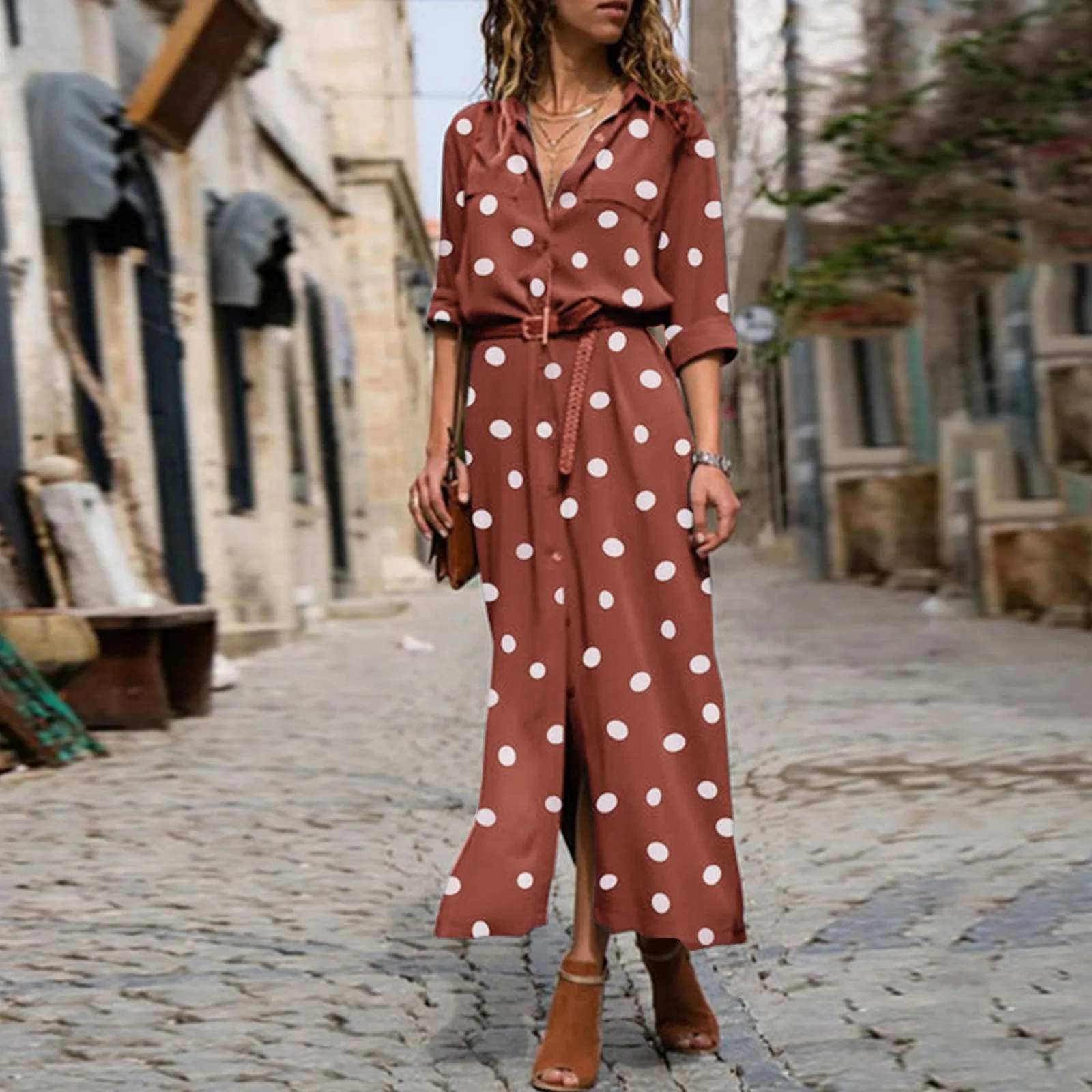 Long Sleeve Polka Dot Print Maxi Dresses Women’S Button Slit Long Flowy Shirt Dress Korean Street Trend Outfits Vestido Feminino