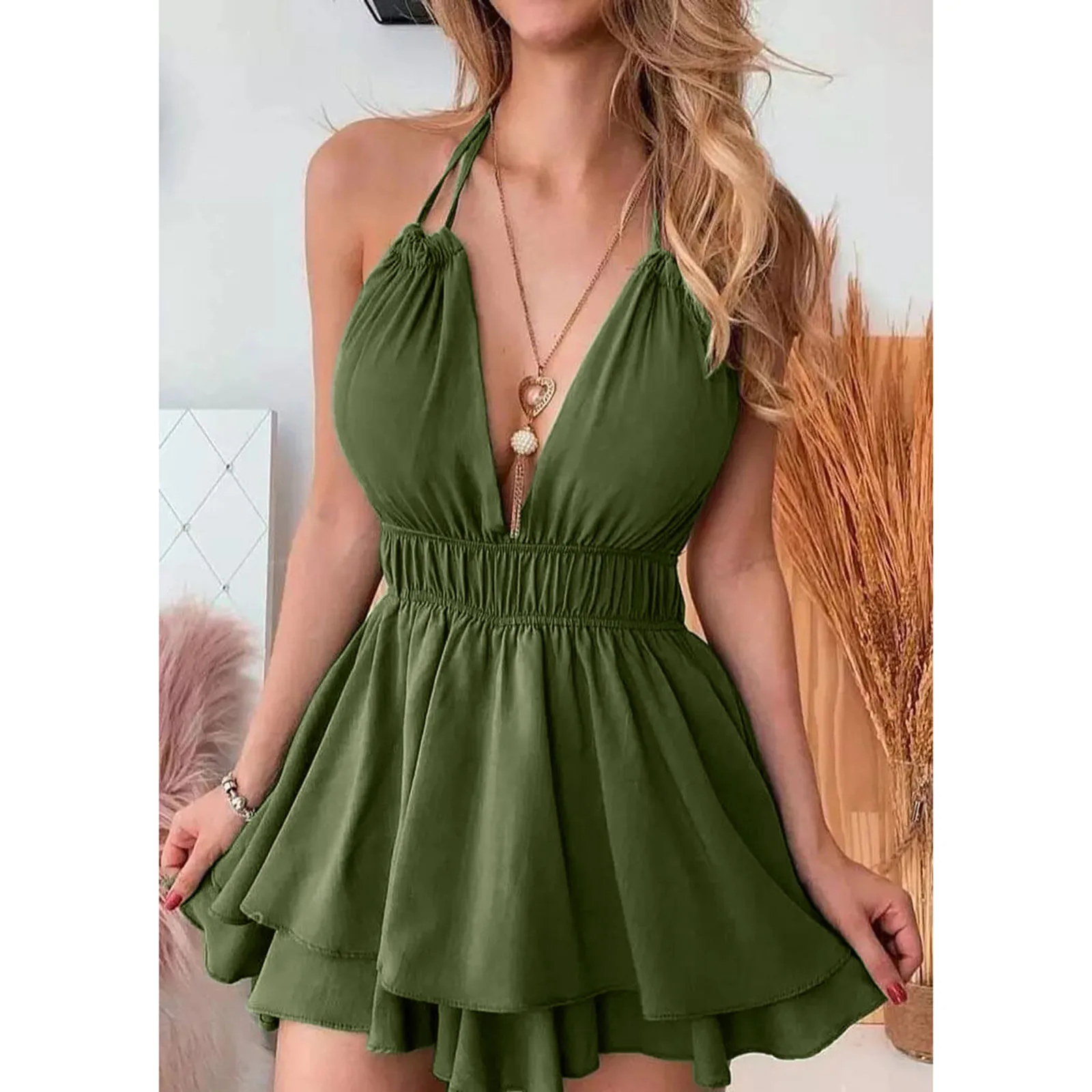 Halter Open Back Solid Color Dress Summer Deep V Neck Swing Dresses Women 2023 Elastic Waist Sleeveless Slim Sling Dress платье