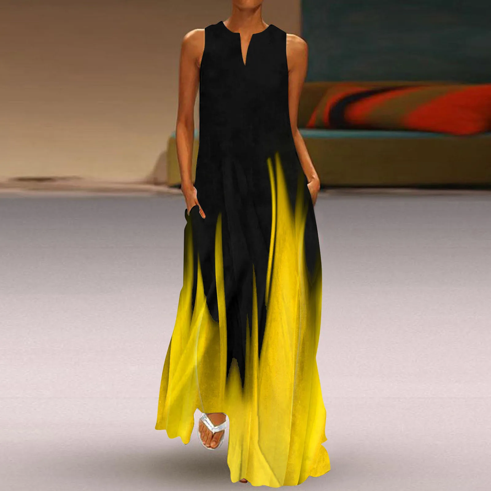 Casual Sleeveless Print V Neck Loose Tank Summer Outfits For Womens Dress Boho Beach Long Sundress With Pockets Women’S Clothing