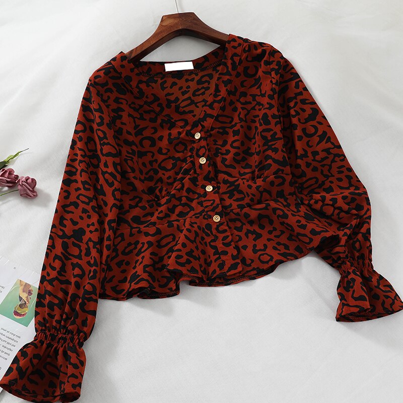 HISUMA 2021 Spring Autumn Flare Sleeve V-Neck Women Leopard Basic Ruffles Shirt Lady Short Slim Cardigan Button Chic Blouse Tops