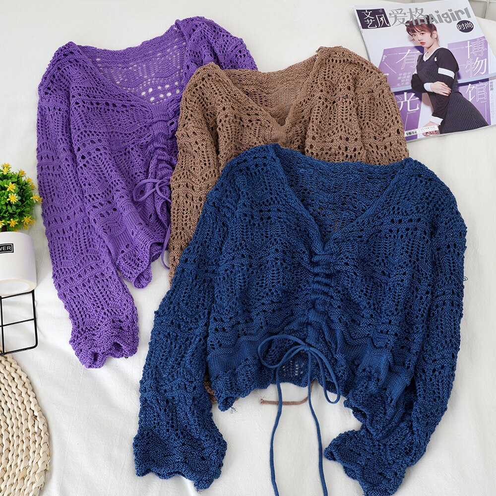 HISUMA Autumn V-Neck Lace Up Bandage Drawstring Women Hollow Knitted Sweater Shirt Lady Short Elastic Slim Pullover Blouse Tops