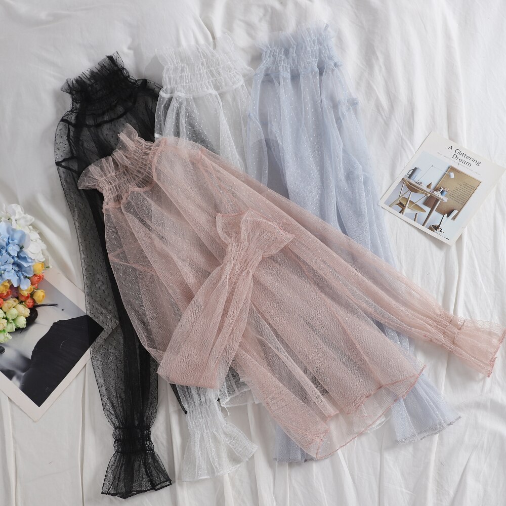 Autumn Women Flare Sleeve Embroidery Polka Dot Lace Basic Ruffles Shirt Lady Elastic Slim Mesh Gauze Pullover Chic Blouse Tops