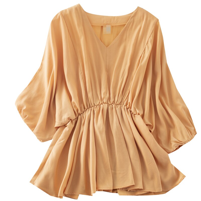 2020 Women Summer V-neck Half Lantern Sleeve Basic Ruffles Shirt Elegant Lady Elastic Slim Pleated Pullover Chiffon Blouse Tops