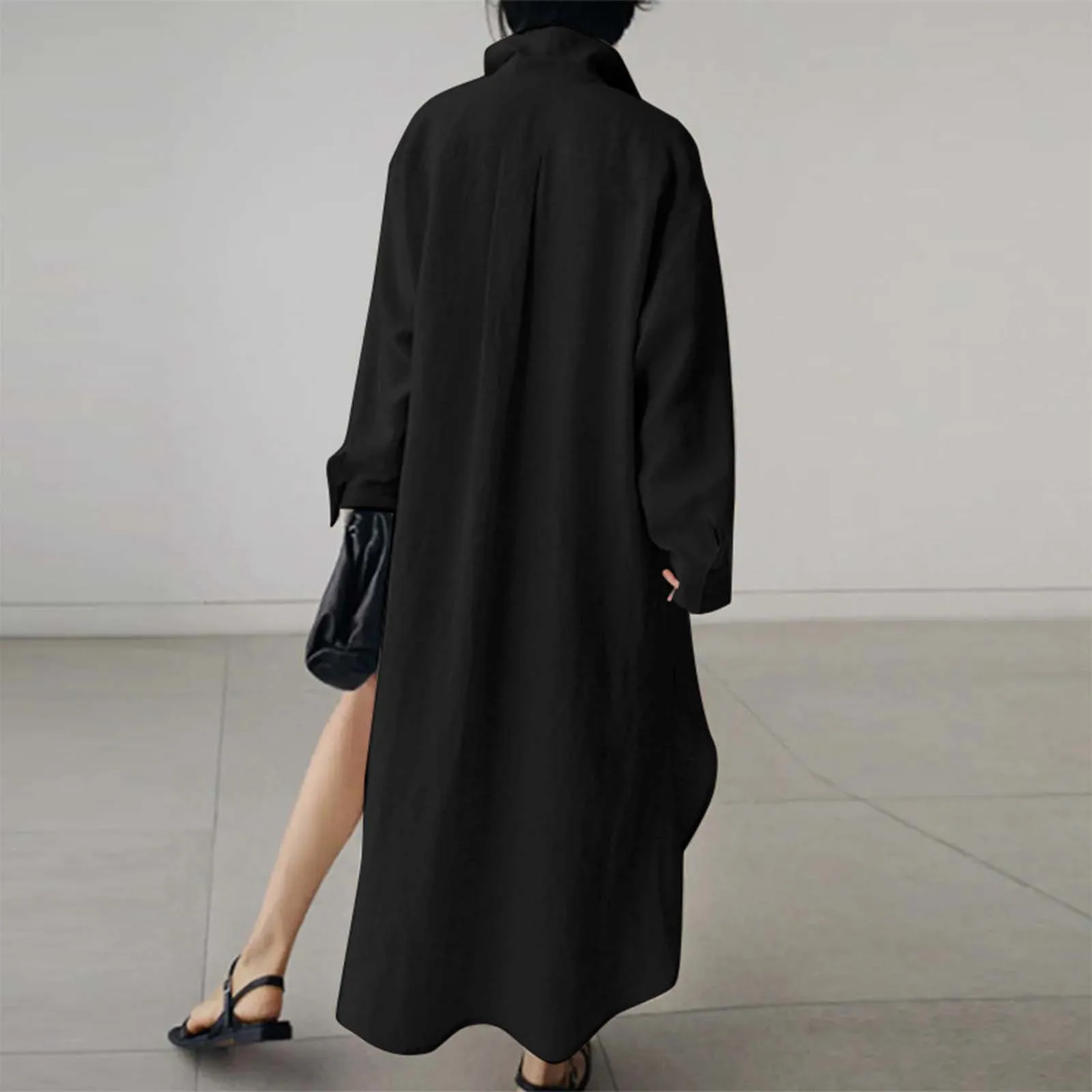 Oversized Shirts Dress Women Lapel Baggy Single Breasted Cotton Linen Dress Side Slit Long Sleeve Cardigan Curved Hem Long Dress