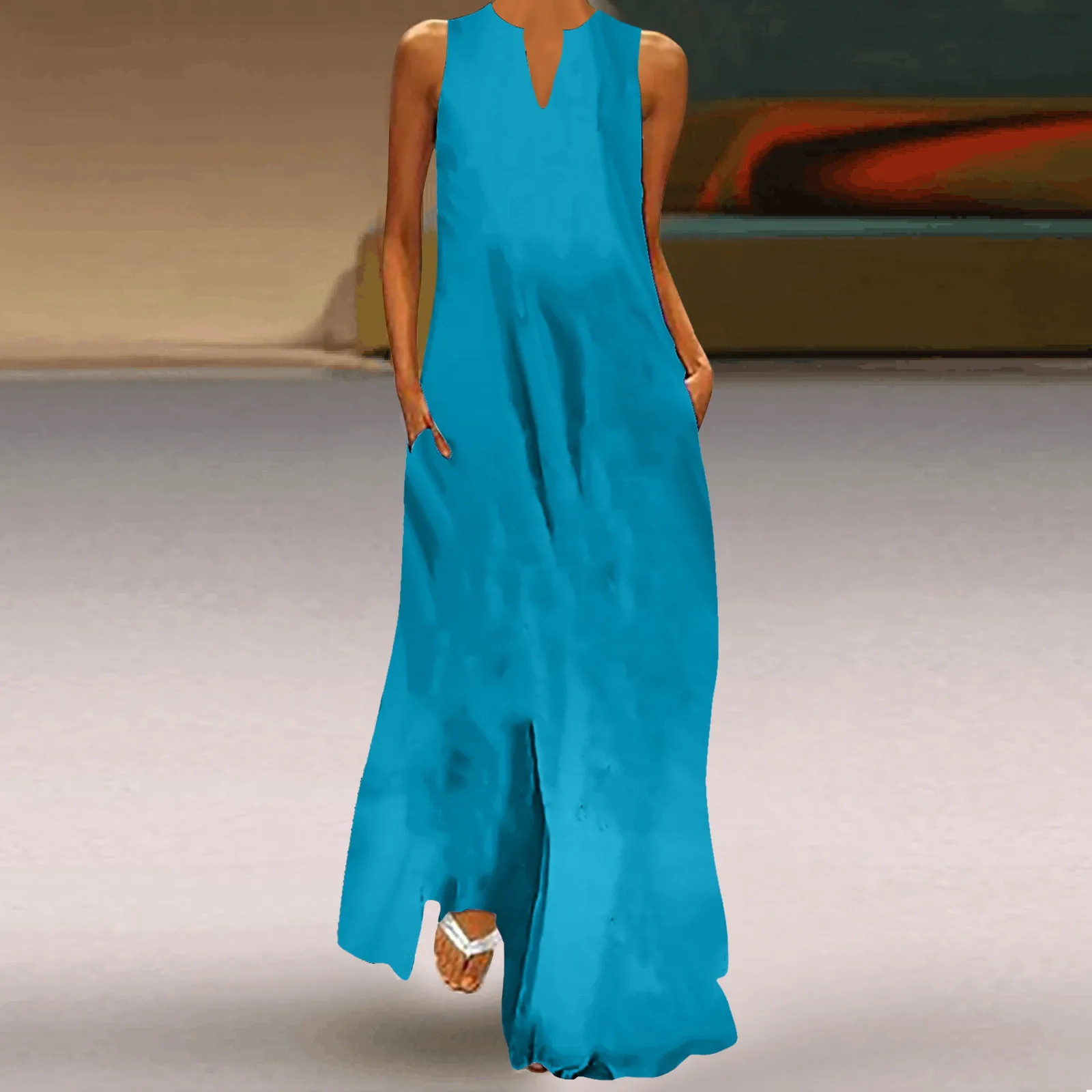 Elegant Beach Long Dress For Women Summer Sleeveless V Neck Maxi Dress Summer Casual Swing T-Shirt Dresses For Ladies 2024