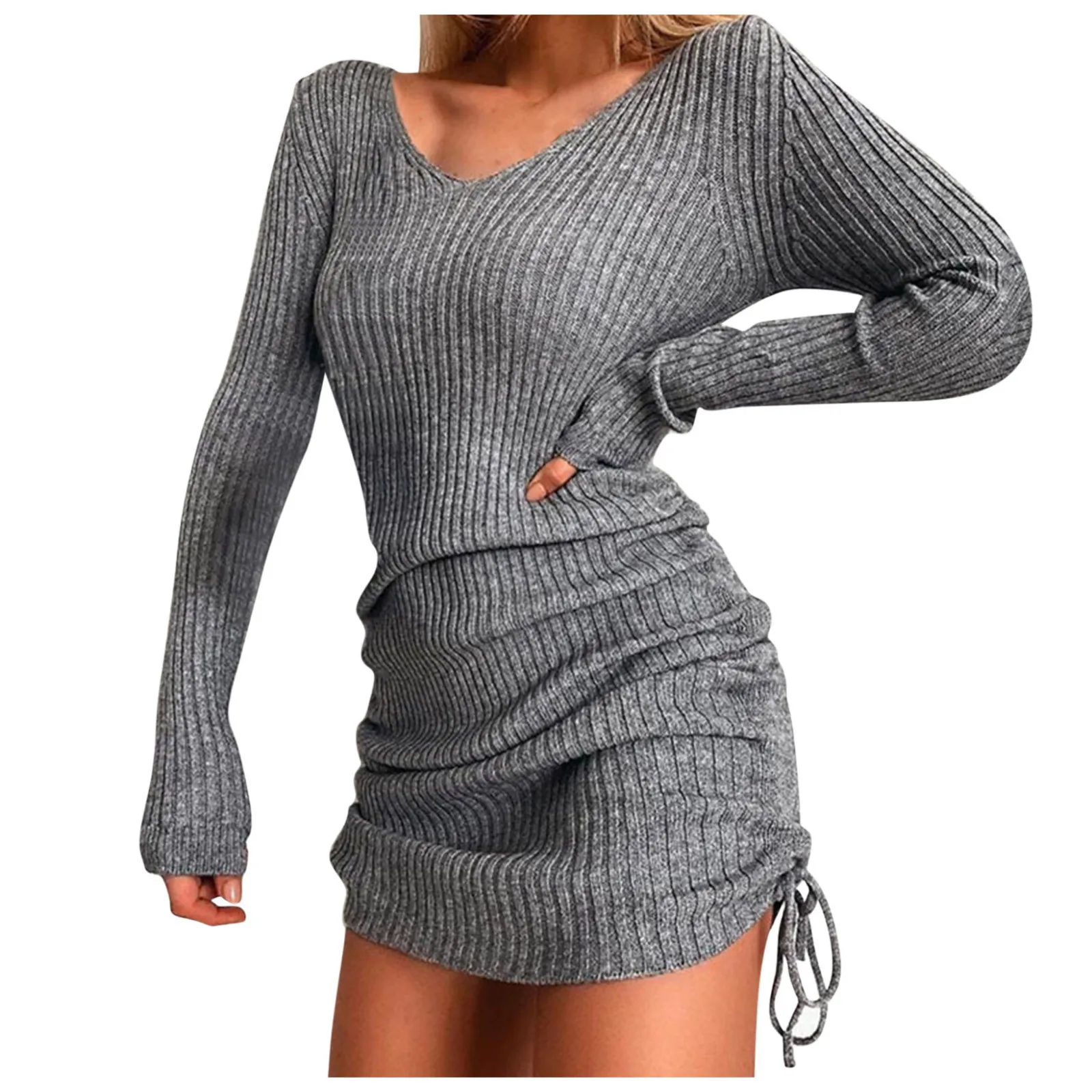 Elegant Autumn Solid Knit Sweater Dresses for Women Winter Long Sleeve Ribbed Drawstring Mini Dress Casual Slim Bottoming Dress