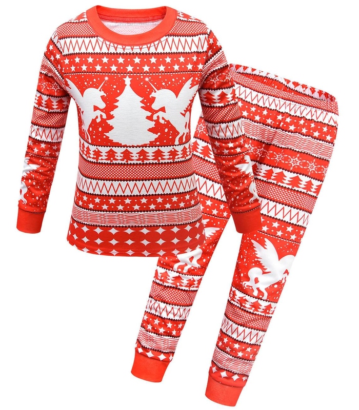 Kids Girl Unicorn Christmas Tree Print Pajamas Red