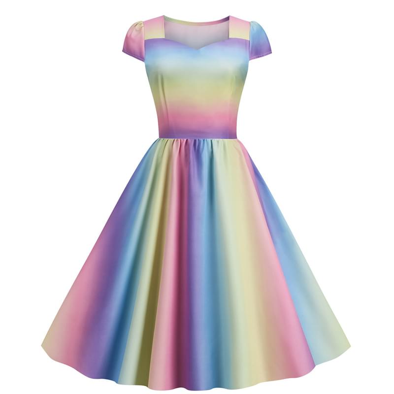Women Short Sleeve Square Neck Tie Dye Flare Retro Dress