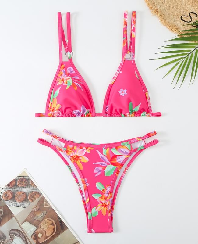 Women Bohemian Flower Print String Swim Top 2 Piece Swimwear