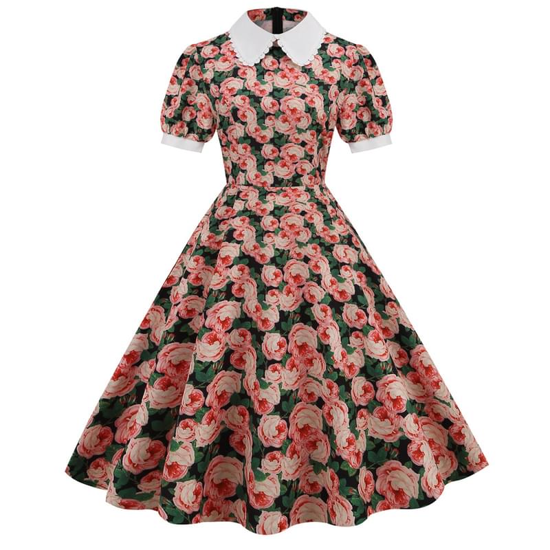 Women Collar Neck Rose Print Flare Retro Dress