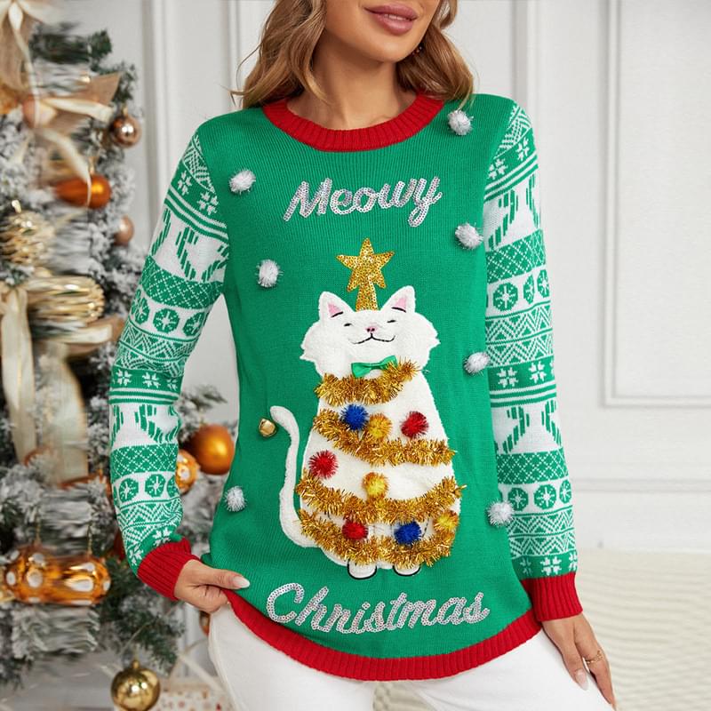 Cute Ugly Merry Christmas Cat Sweater Women
