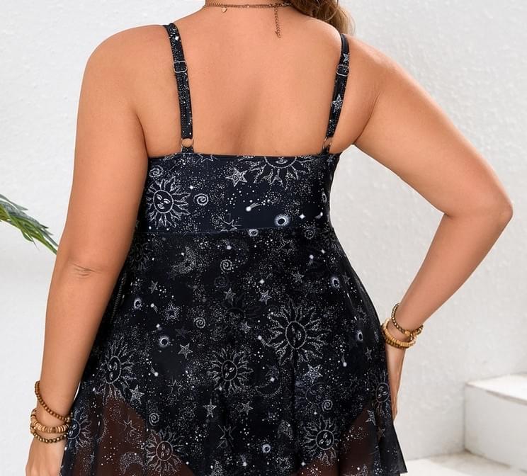 Women Sun Moon Print Two Piece Swim Dress Plus Size