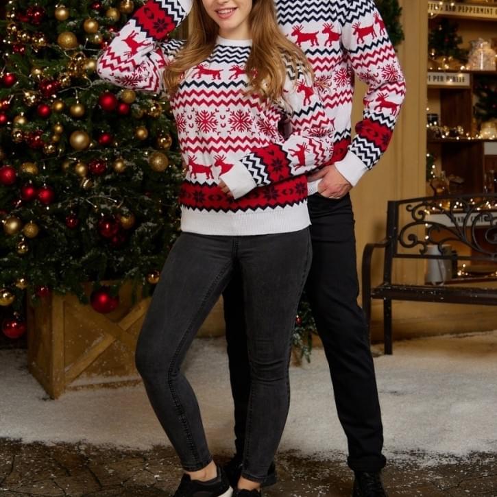 Snowflake Reindeer Print His And Hers Couples Christmas Sweaters