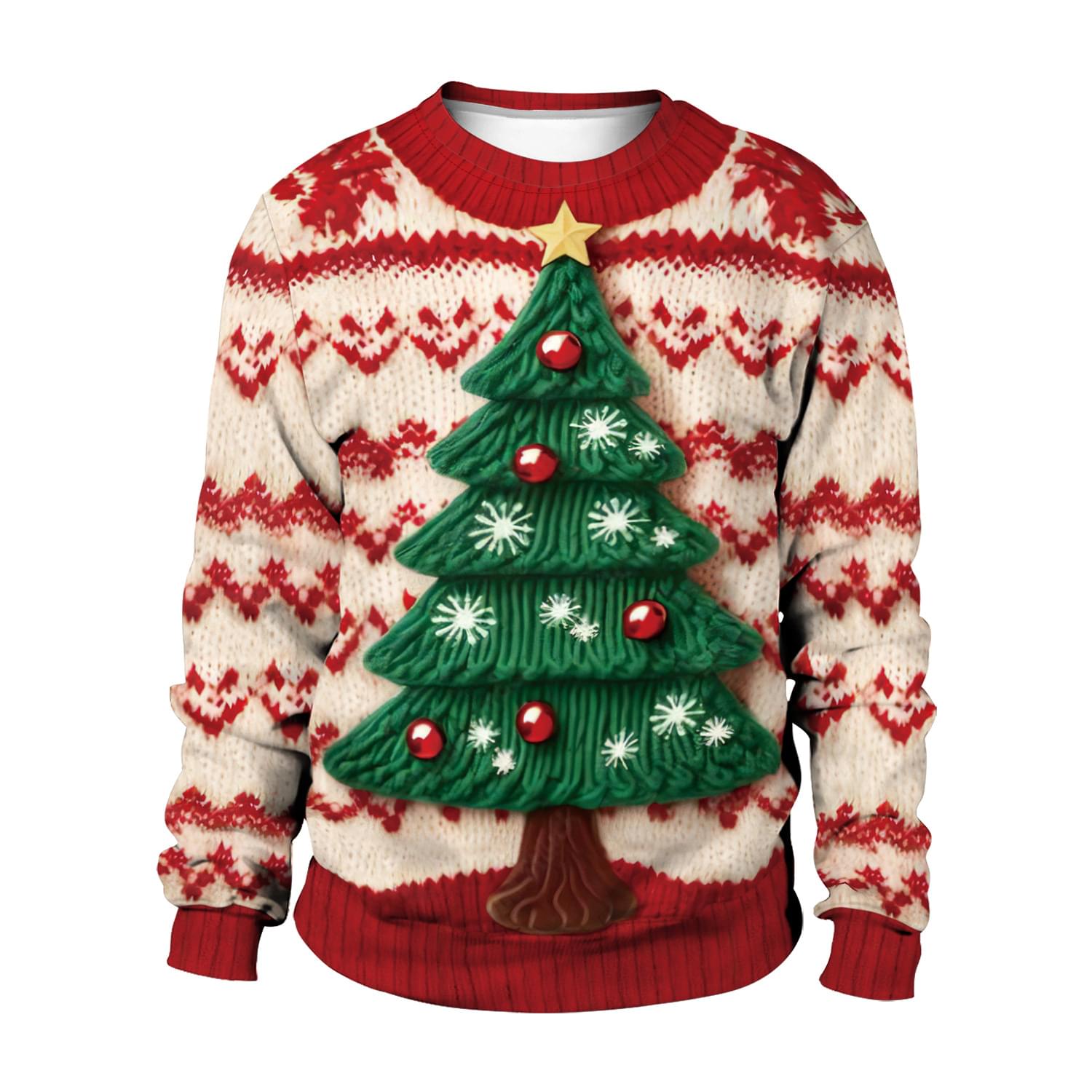 Cute Unisex Ugly Couple Christmas Tree Print Pullover