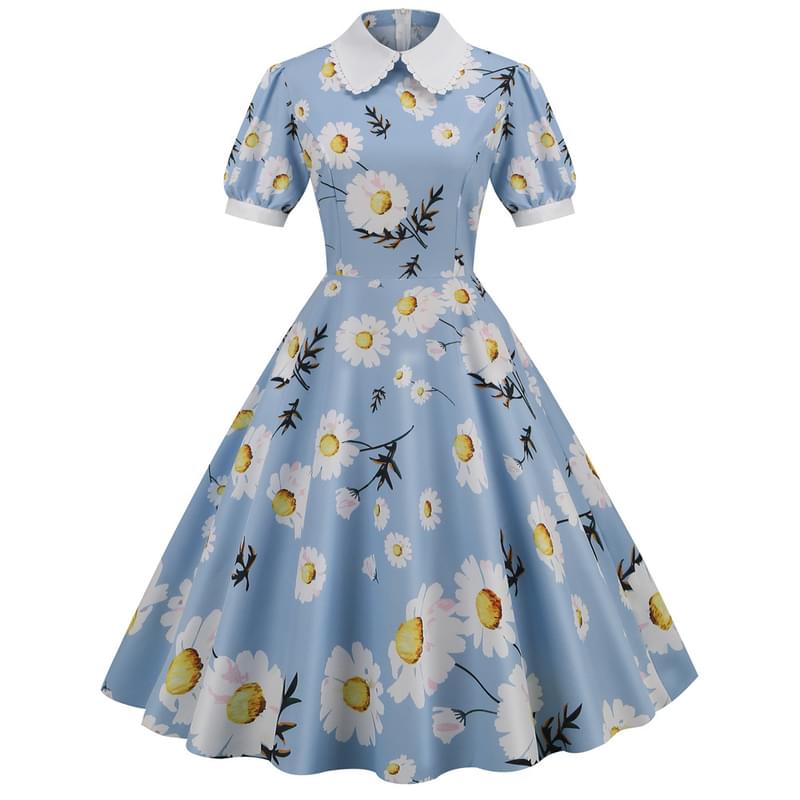 Women Collar Neck Daisy Print Flare Retro Dress Blue