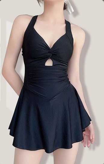 Womens Knot Front Swim Dress Halter Black One Piece Swimsuit