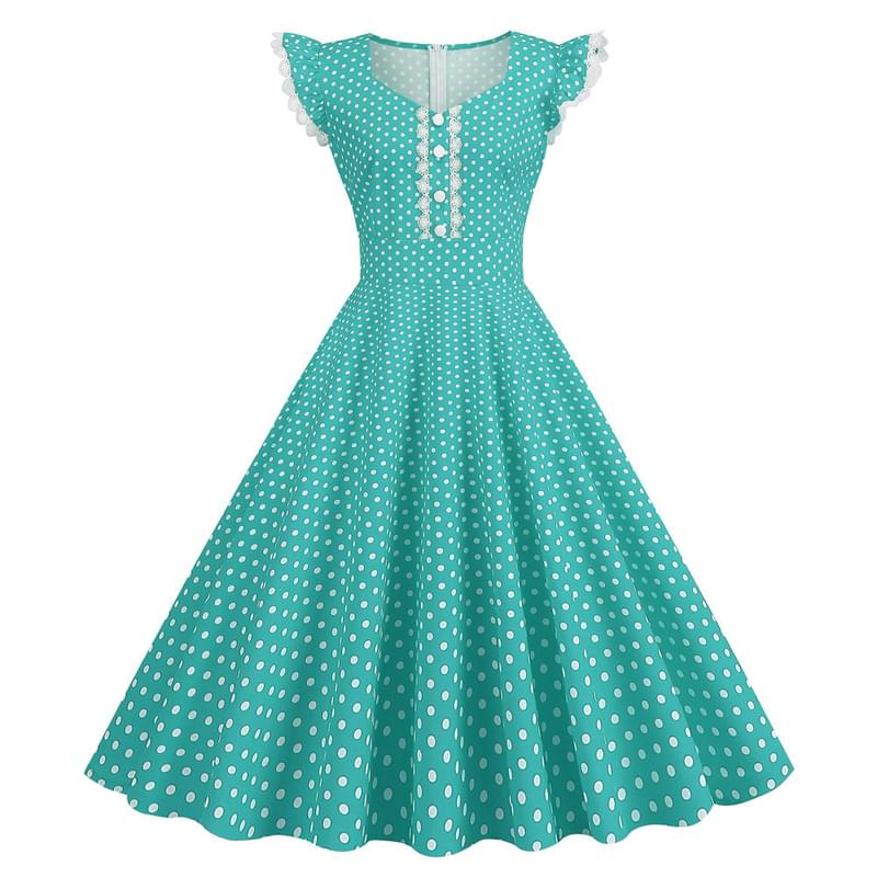 Women Flutter Sleeve Polka Dot Flare Vintage Dress Green