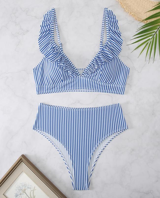 Blue Ruffle Bikini Top Stripe Two Piece Swimsuit For Ladies