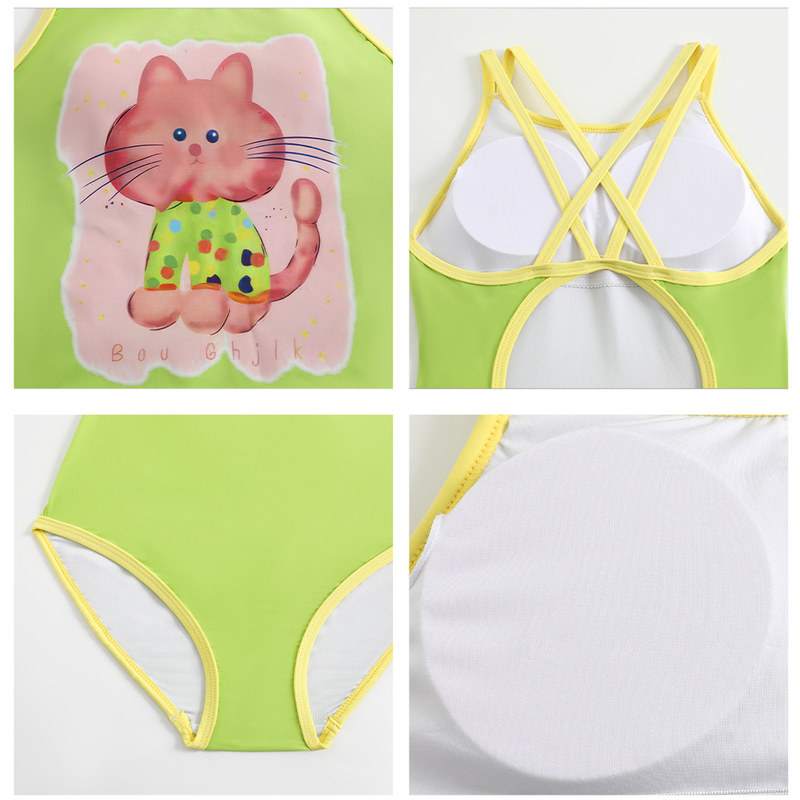 Green Cute Cat Print Cross Back One Piece Swimsuit