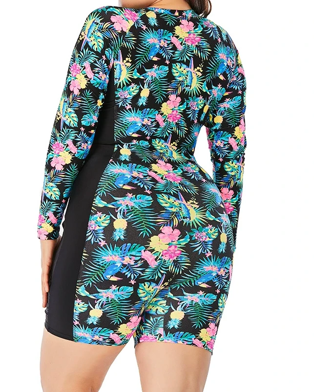 Long Sleeve Hawaii Beach Palm 1 Piece Swimsuit