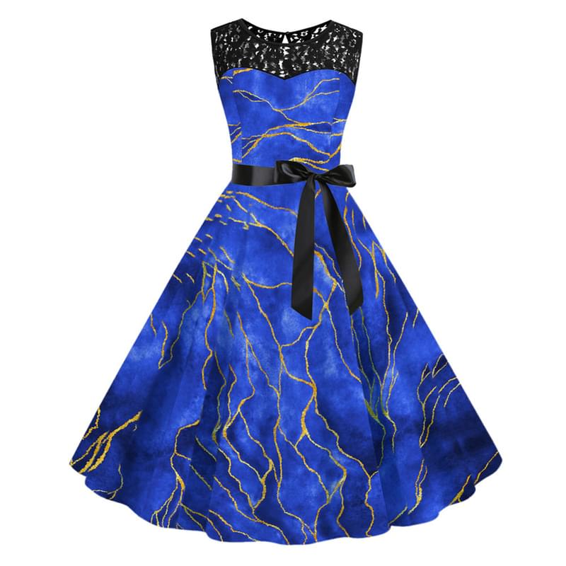 Women Sleeveless Blue Liquid Marble Tie Waist Flare Vintage Dres