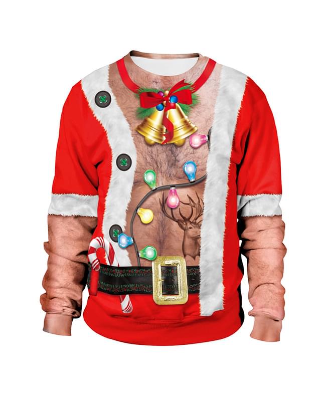 Jingle Bell Hairy Chest 3D Print Ugly Christmas Couples Sweatshir