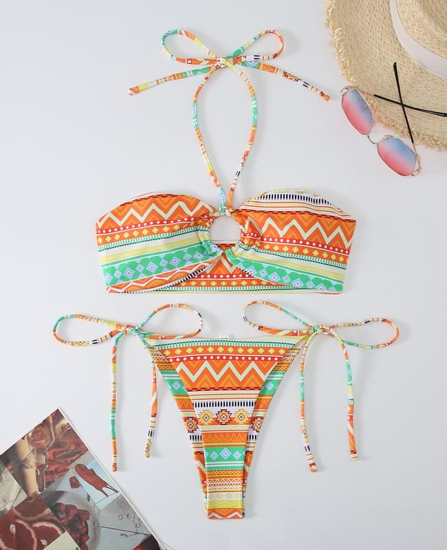 Halter Ring Front Longline Bohemian Two Piece Women'S Swimwear