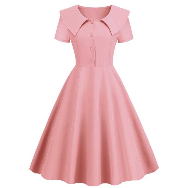 Women Short Sleeve Plain Flare Vintage Dress Pink