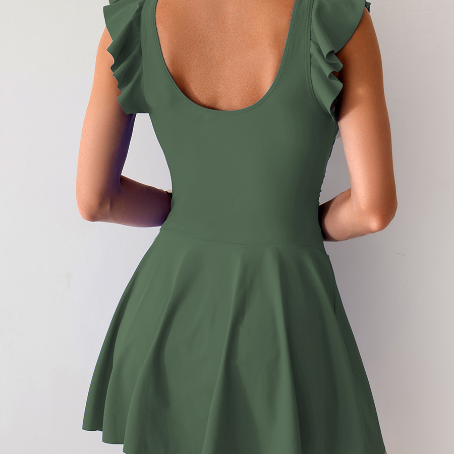 Royal Blue Ruffle Sleeves Tie Waist Bow Ladies One Piece Swim Dress