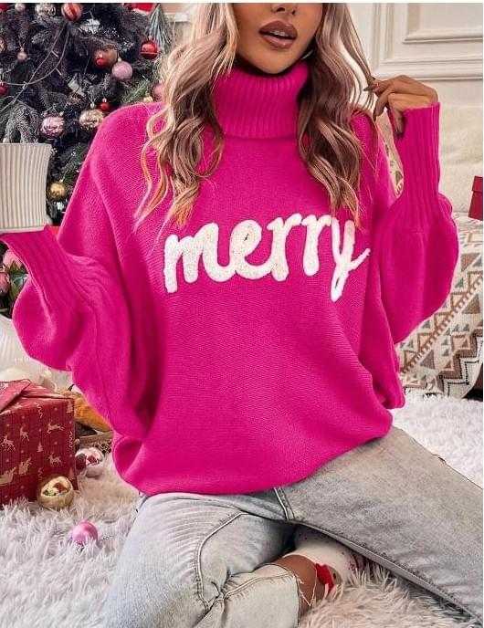 Cute High Neck Merry Print Christmas Sweaters Red