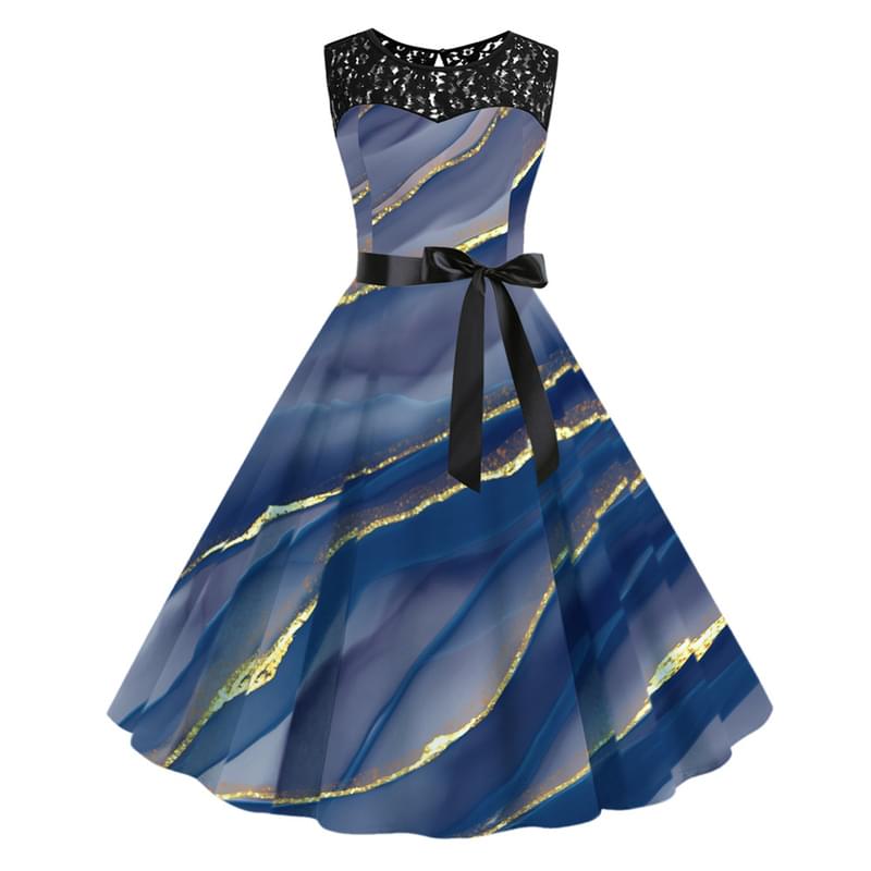 Blue Women Sleeveless Liquid Marble Tie Waist Flare Vintage Dres