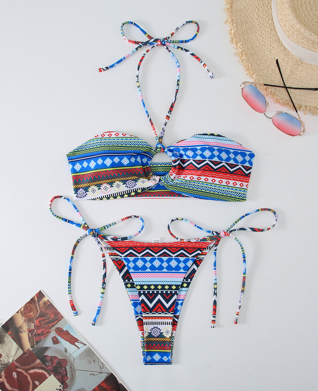 Women Halter Boho High Leg Bikini Bottoms Two Piece Swimsuits