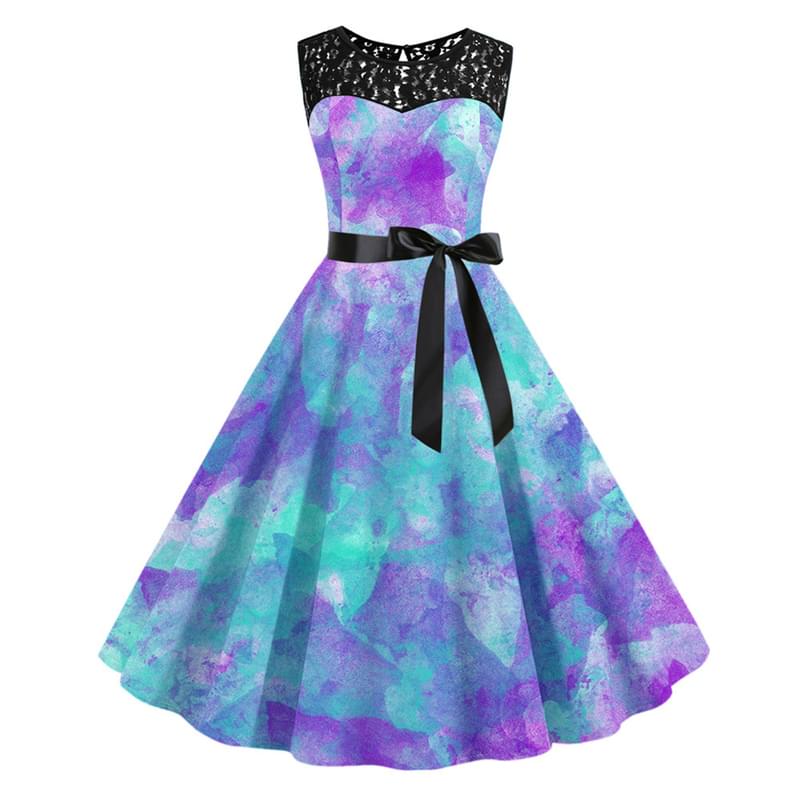 Women Sleeveless Tie Dye Tie Waist Flare Vintage Dress Blue