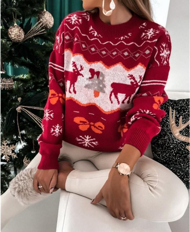 Vintage Snowflake Reindeer Christmas Sweaters Red