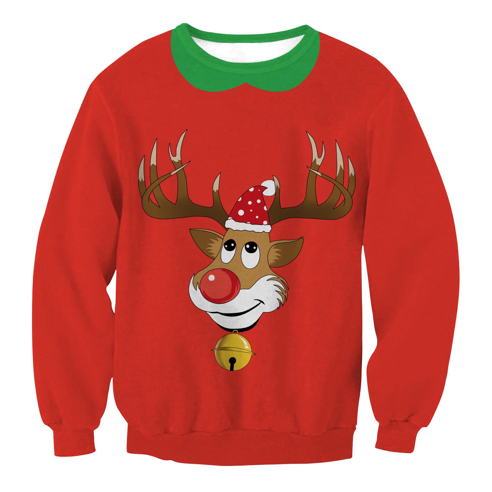 Unisex Reindeer Print Ugly Couple Christmas Pullover Red