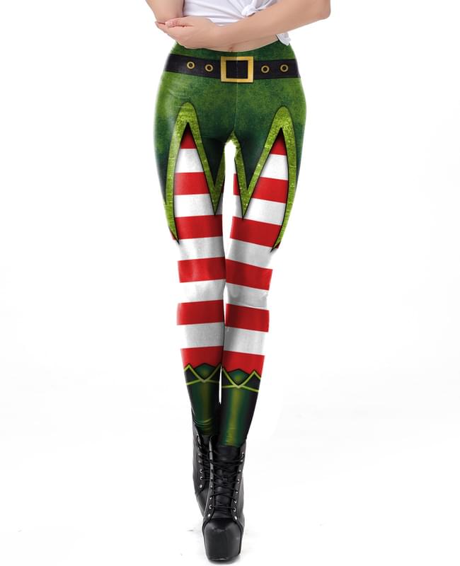 Women Elf Candy Cane Print Ugly Christmas Yoga Pants
