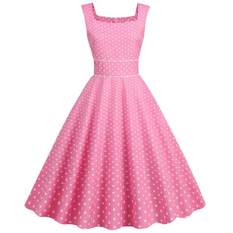 Women Sleeveless Square Neck Polka Dot Flare Vintage Dress Pink